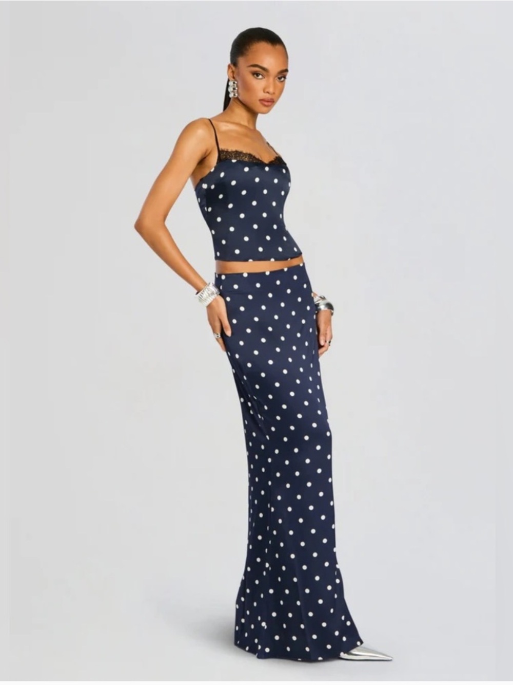Retrofete Navy & White Polka Dot brookelynn Corset top Maxi Set Darla skirt - Picture 3 of 16